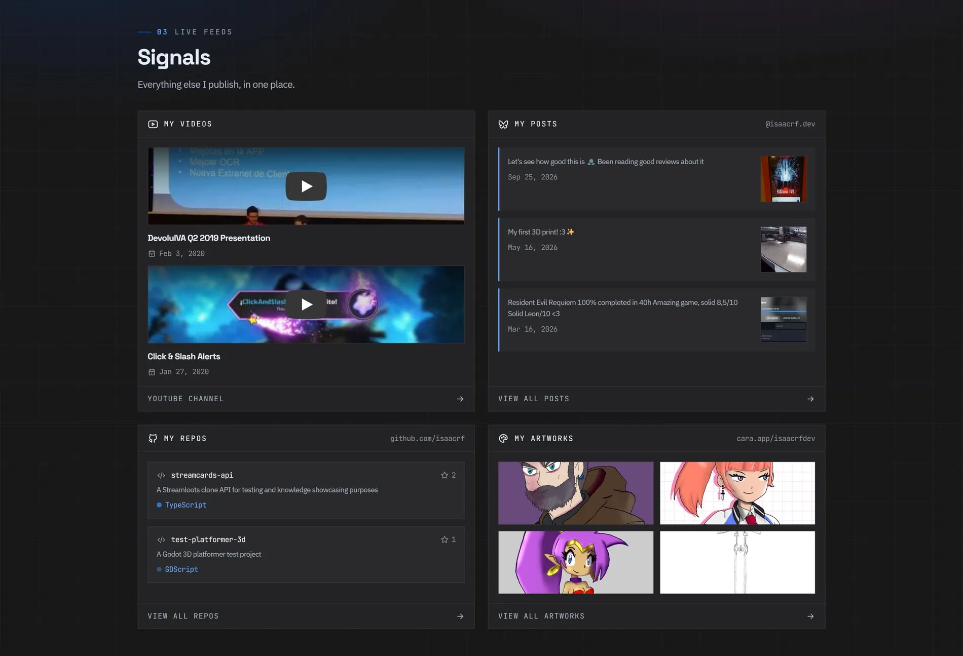 My live feeds up to date on the home page — YouTube, Bluesky, GitHub and cara